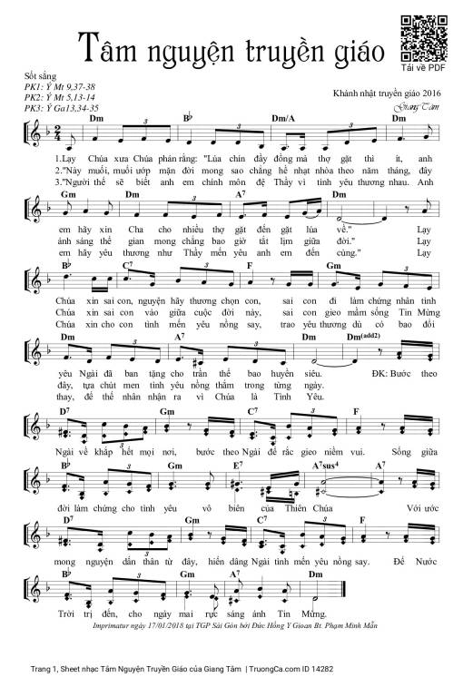 Sheet nhạc PDF bài Tâm Nguyện Truyền Giáo