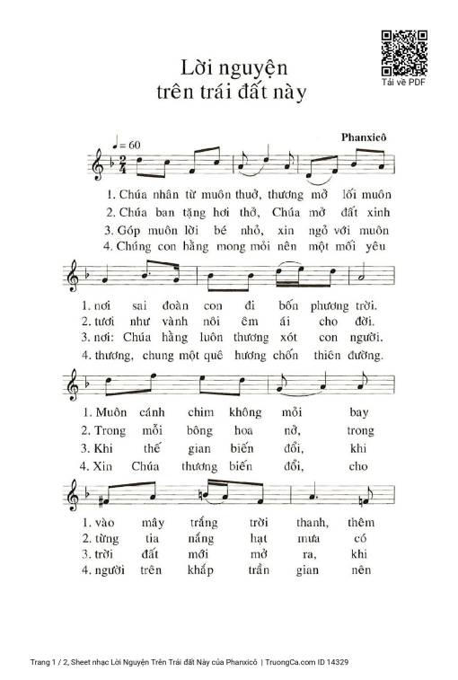 Sheet nhạc PDF bài Lời Nguyện Trên Trái đất Này