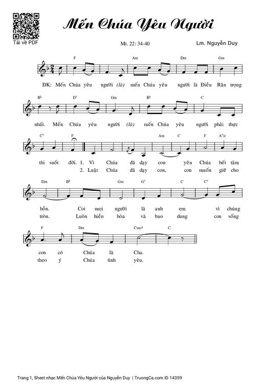Sheet nhạc PDF bài Mến Chúa Yêu Người