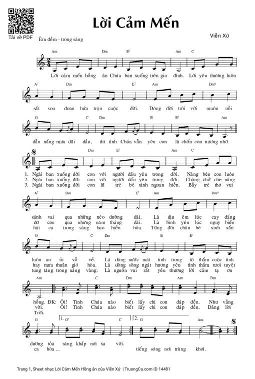 Sheet nhạc PDF bài Lời Cảm Mến Hồng ân