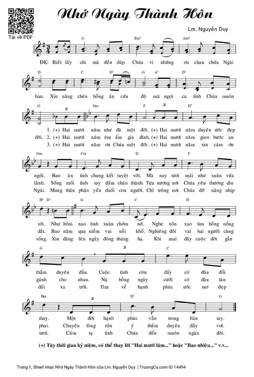 Sheet nhạc PDF bài Nhớ Ngày Thành Hôn