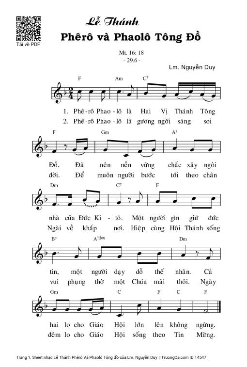 Sheet nhạc PDF bài Lễ Thánh Phêrô Và Phaolô Tông đồ