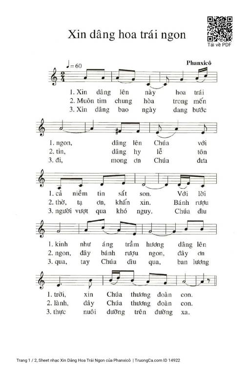 Sheet nhạc PDF bài Xin Dâng Hoa Trái Ngon