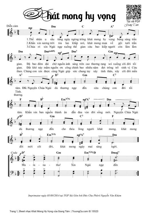 Sheet nhạc PDF bài Khát Mong Hy Vọng