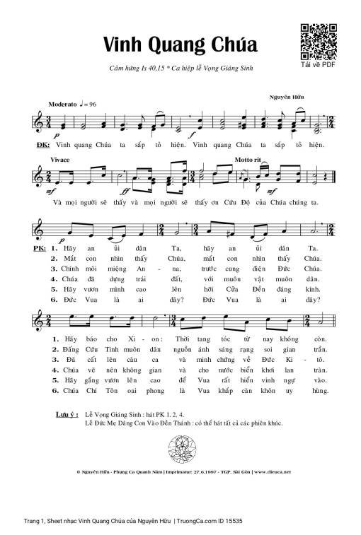 Sheet nhạc PDF bài Vinh Quang Chúa