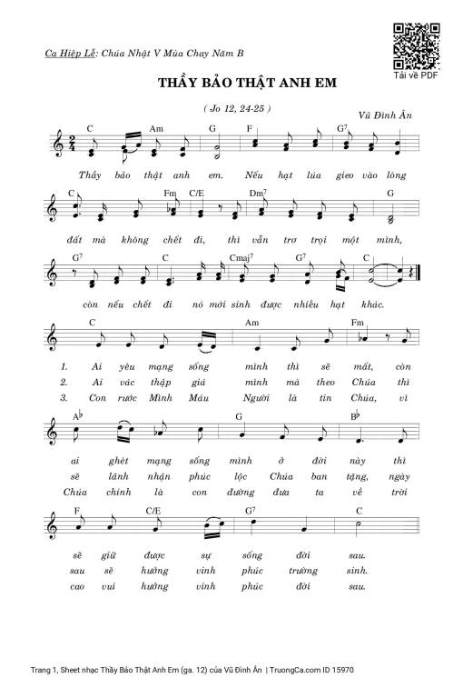Sheet nhạc PDF bài Thầy Bảo Thật Anh Em (ga. 12)