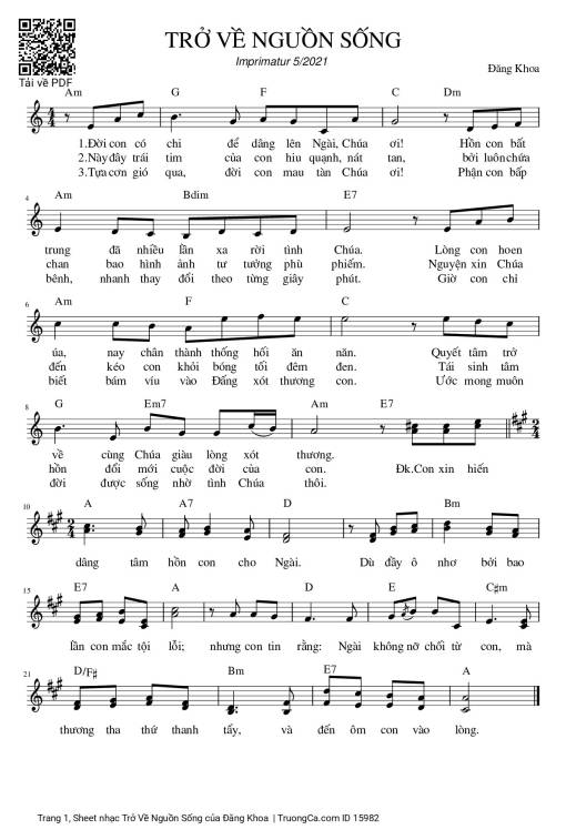 Sheet nhạc PDF bài Trở Về Nguồn Sống