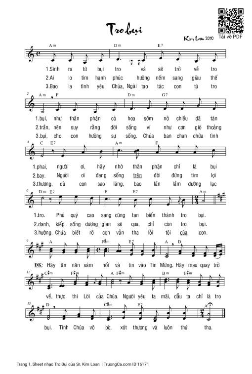 Sheet nhạc PDF bài Tro Bụi - Sr. Kim Loan