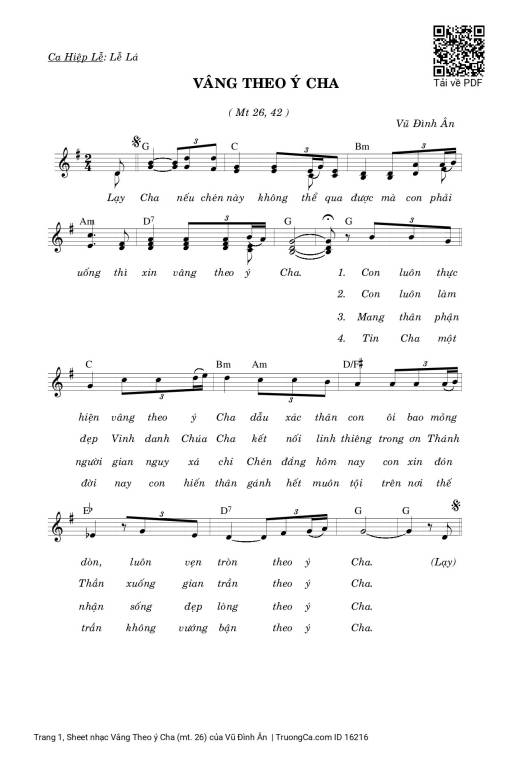 Sheet nhạc PDF bài Vâng Theo ý Cha (mt. 26)