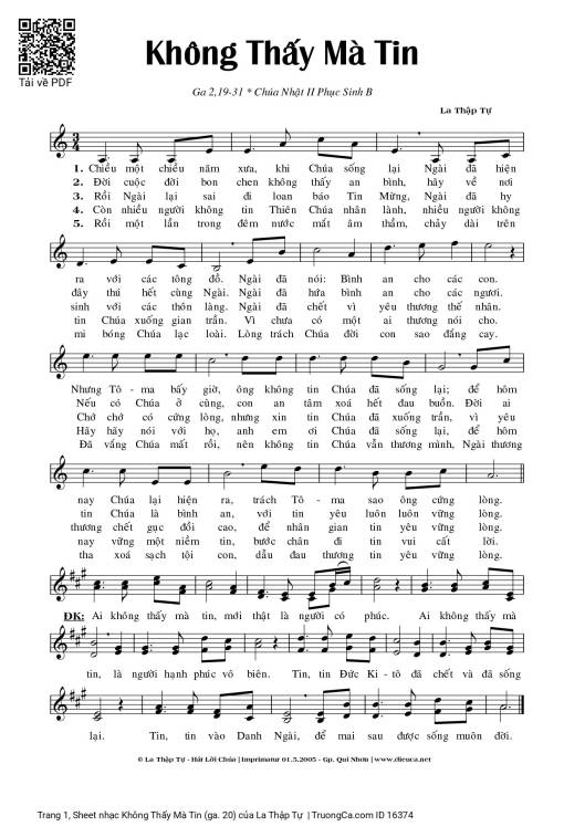 Sheet nhạc PDF bài Không Thấy Mà Tin (ga. 20)