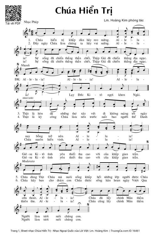 Sheet nhạc PDF bài Chúa Hiển Trị - Nhạc Ngoại Quốc