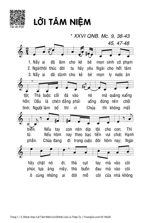 Sheet nhạc PDF bài Lời Tâm Niệm (cn26tnb)
