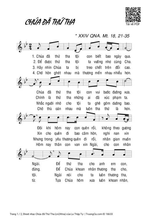 Sheet nhạc PDF bài Chúa đã Thứ Tha (cn24tna)