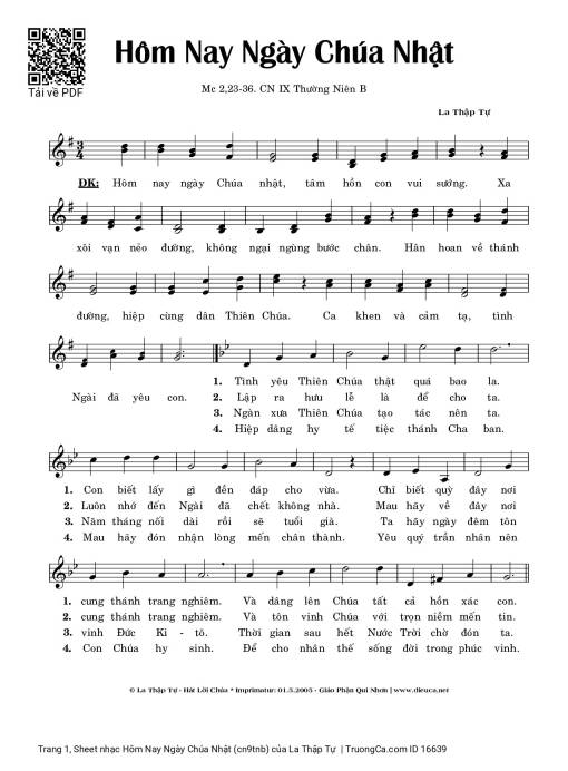 Sheet nhạc PDF bài Hôm Nay Ngày Chúa Nhật (cn9tnb)