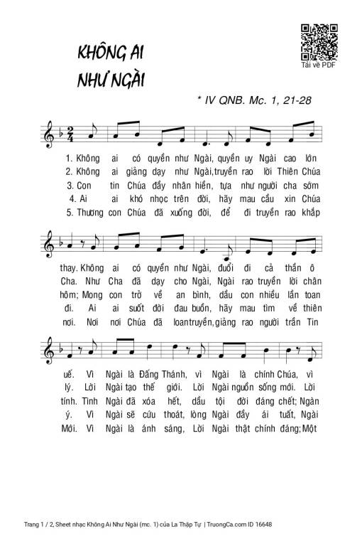 Sheet nhạc PDF bài Không Ai Như Ngài (mc. 1)
