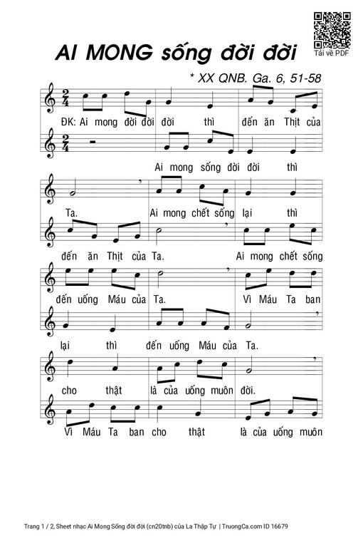 Sheet nhạc PDF bài Ai Mong Sống đời đời (cn20tnb)