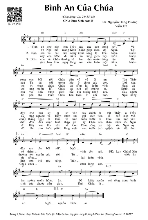 Sheet nhạc PDF bài Bình An Của Chúa (lc. 24)