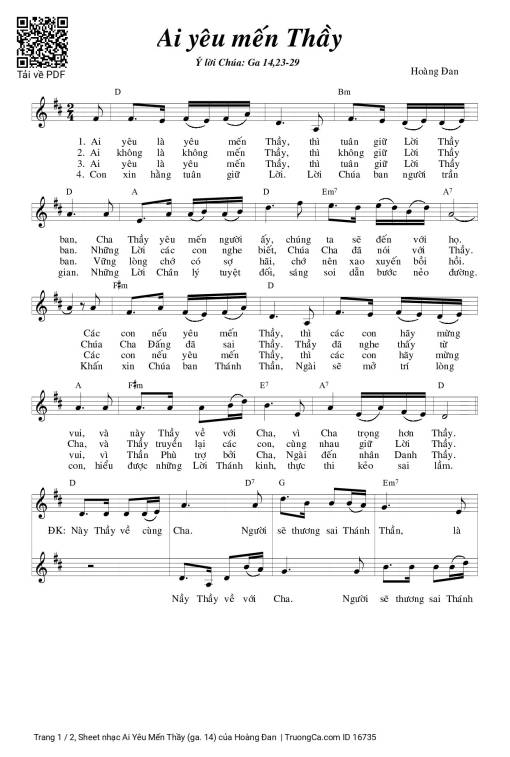 Sheet nhạc PDF bài Ai Yêu Mến Thầy (ga. 14)