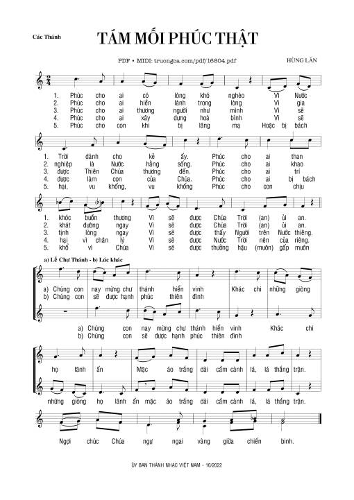 Sheet nhạc PDF bài Tám Mối Phúc Thật