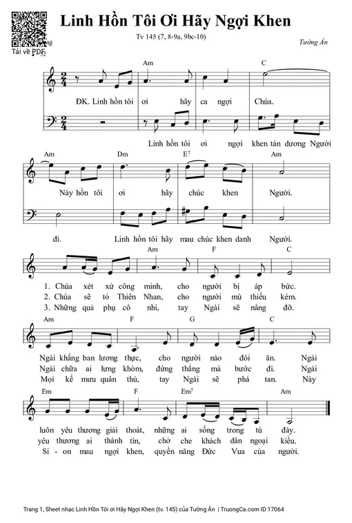 Sheet nhạc PDF bài Linh Hồn Tôi ơi Hãy Ngợi Khen (tv. 145)