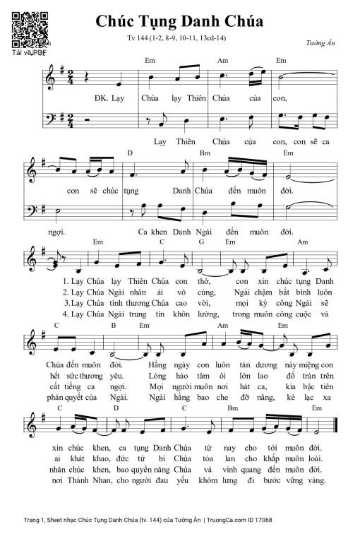 Sheet nhạc PDF bài Chúc Tụng Danh Chúa (tv. 144)
