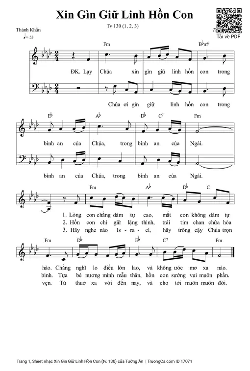 Sheet nhạc PDF bài Xin Gìn Giữ Linh Hồn Con (tv. 130)