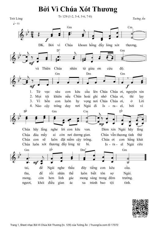 Sheet nhạc PDF bài Bởi Vì Chúa Xót Thương (tv. 129)