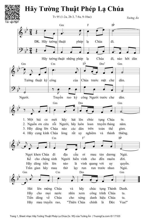 Sheet nhạc PDF bài Hãy Tường Thuật Phép Lạ Chúa (tv. 95)