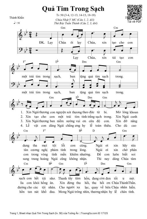 Sheet nhạc PDF bài Quả Tim Trong Sạch (tv. 50)