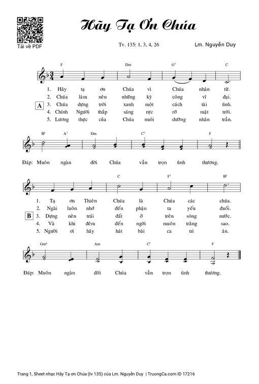 Sheet nhạc PDF bài Hãy Tạ ơn Chúa (tv 135)