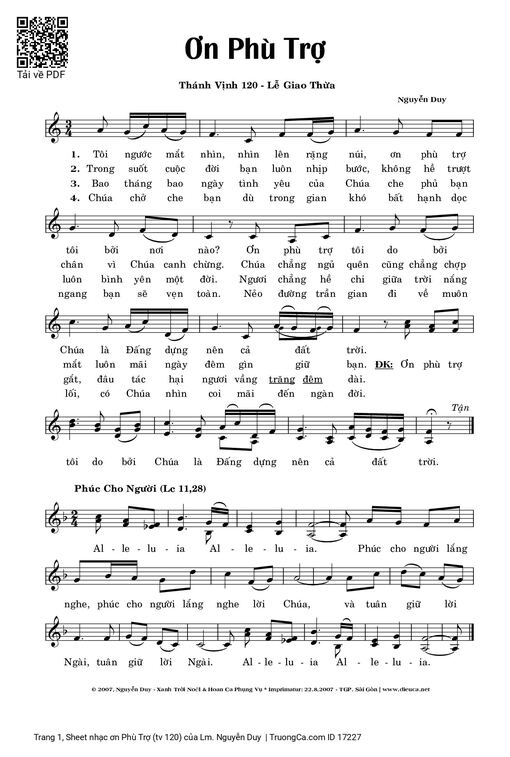 Sheet nhạc PDF bài ơn Phù Trợ (tv 120)