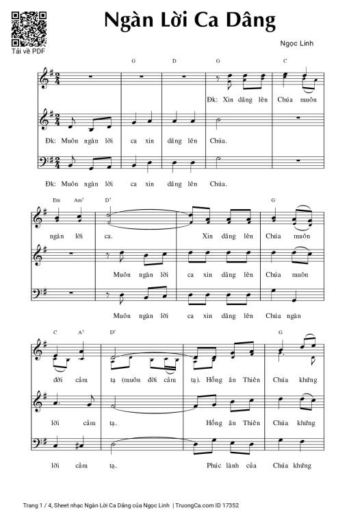 Sheet nhạc PDF bài Ngàn Lời Ca Dâng