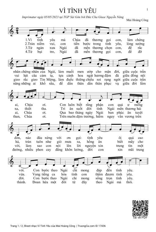 Sheet nhạc PDF bài Vì Tình Yêu - Mai Hoàng Công