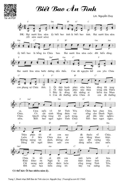 Sheet nhạc PDF bài Biết Bao ân Tình