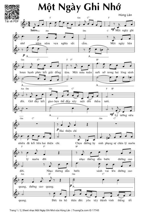 Sheet nhạc PDF bài Một Ngày Ghi Nhớ