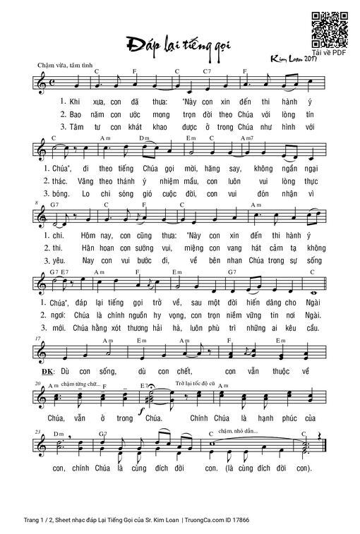 Sheet nhạc PDF bài đáp Lại Tiếng Gọi
