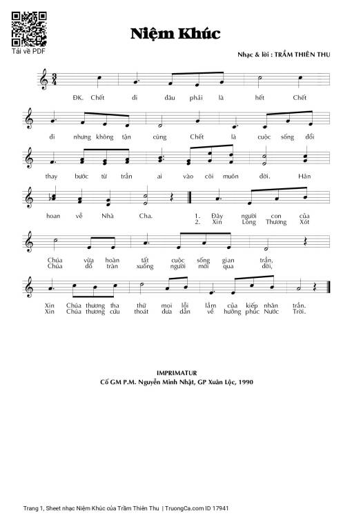 Sheet nhạc PDF bài Niệm Khúc - Trầm Thiên Thu