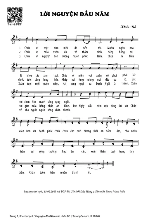 Sheet nhạc PDF bài Lời Nguyện đầu Năm