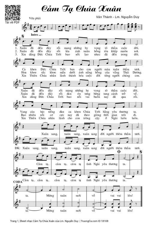 Sheet nhạc PDF bài Cảm Tạ Chúa Xuân