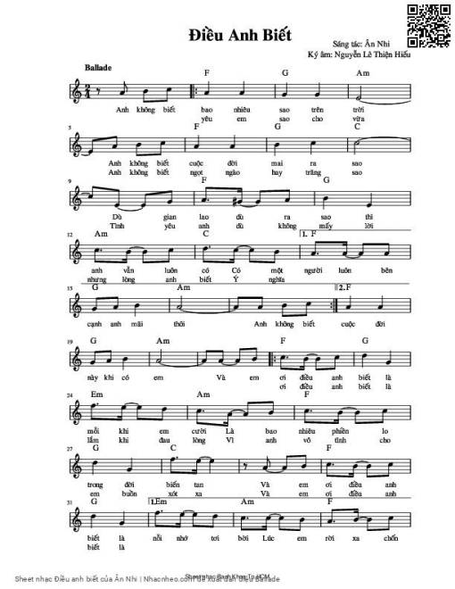 Sheet nhạc PDF bài Điều anh biết