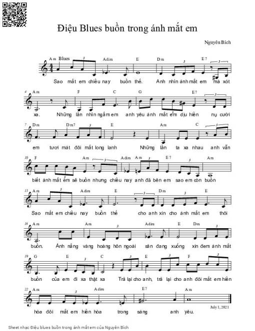 Sheet nhạc PDF bài Điệu blues buồn trong ánh mắt em