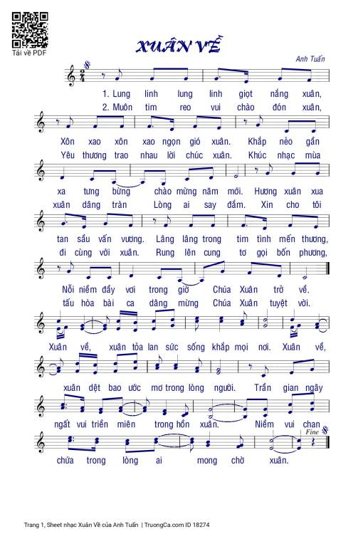 Sheet nhạc PDF bài Xuân Về - Anh Tuấn