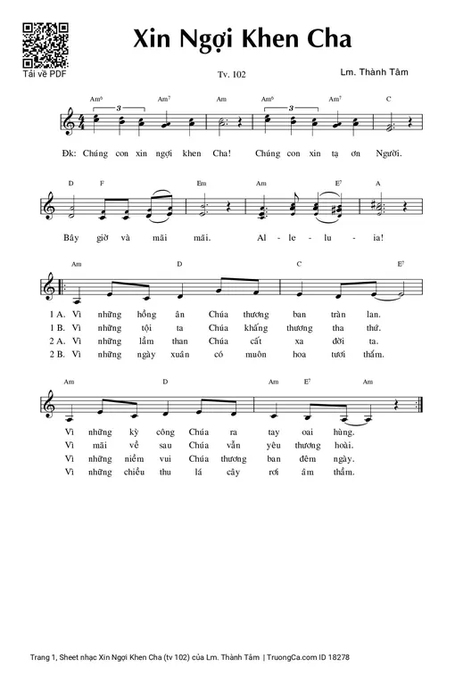 Sheet nhạc PDF bài Xin Ngợi Khen Cha (tv 102)