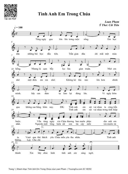 Sheet nhạc PDF bài Tình Anh Em Trong Chúa