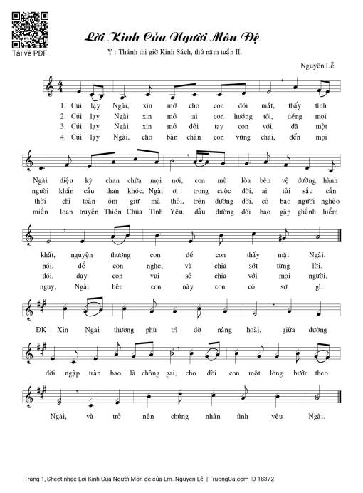 Sheet nhạc PDF bài Lời Kinh Của Người Môn đệ