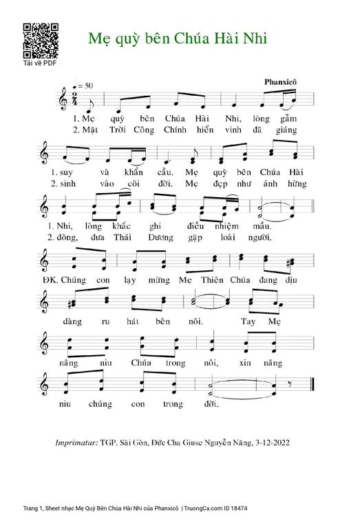Sheet nhạc PDF bài Mẹ Quỳ Bên Chúa Hài Nhi