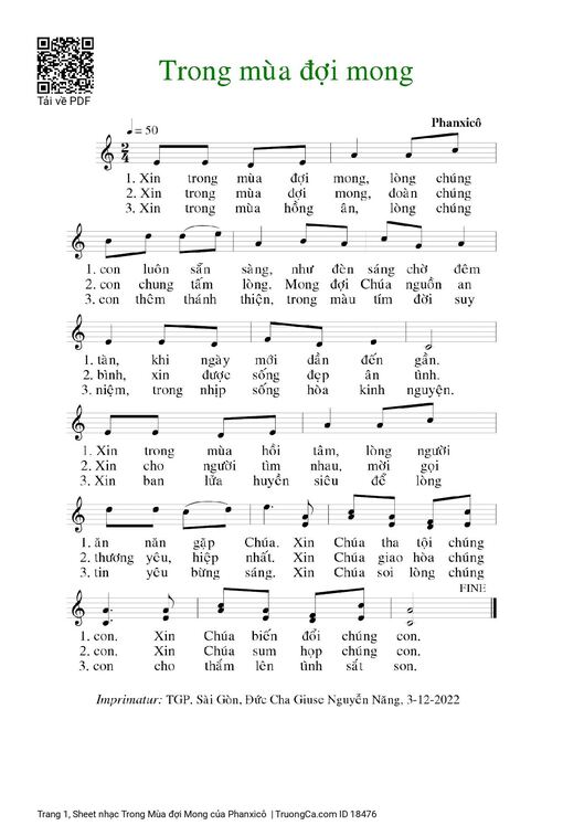 Sheet nhạc PDF bài Trong Mùa đợi Mong
