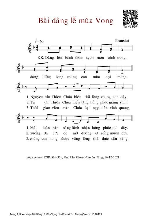 Sheet nhạc PDF bài Bài Dâng Lễ Mùa Vọng