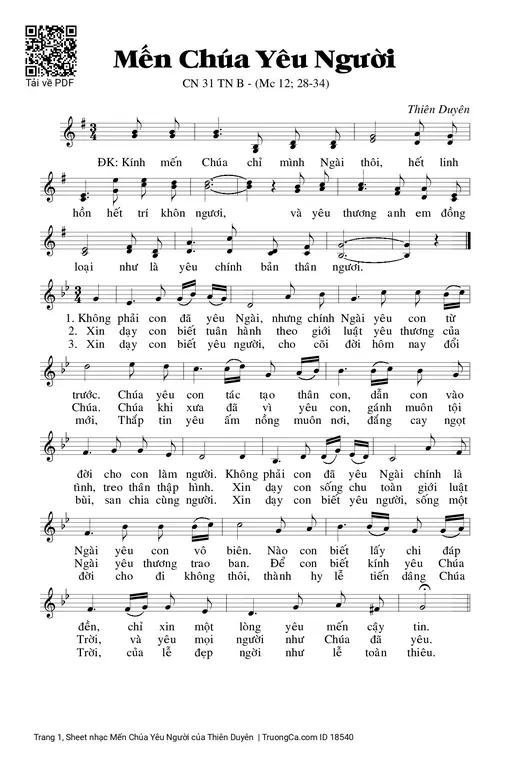 Sheet nhạc PDF bài Mến Chúa Yêu Người
