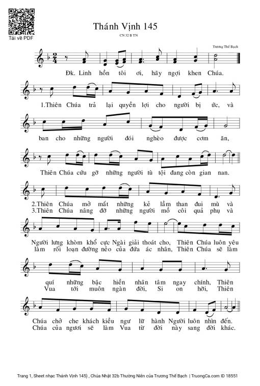 Sheet nhạc PDF bài Thánh Vịnh 145) , Chúa Nhật 32b Thường Niên